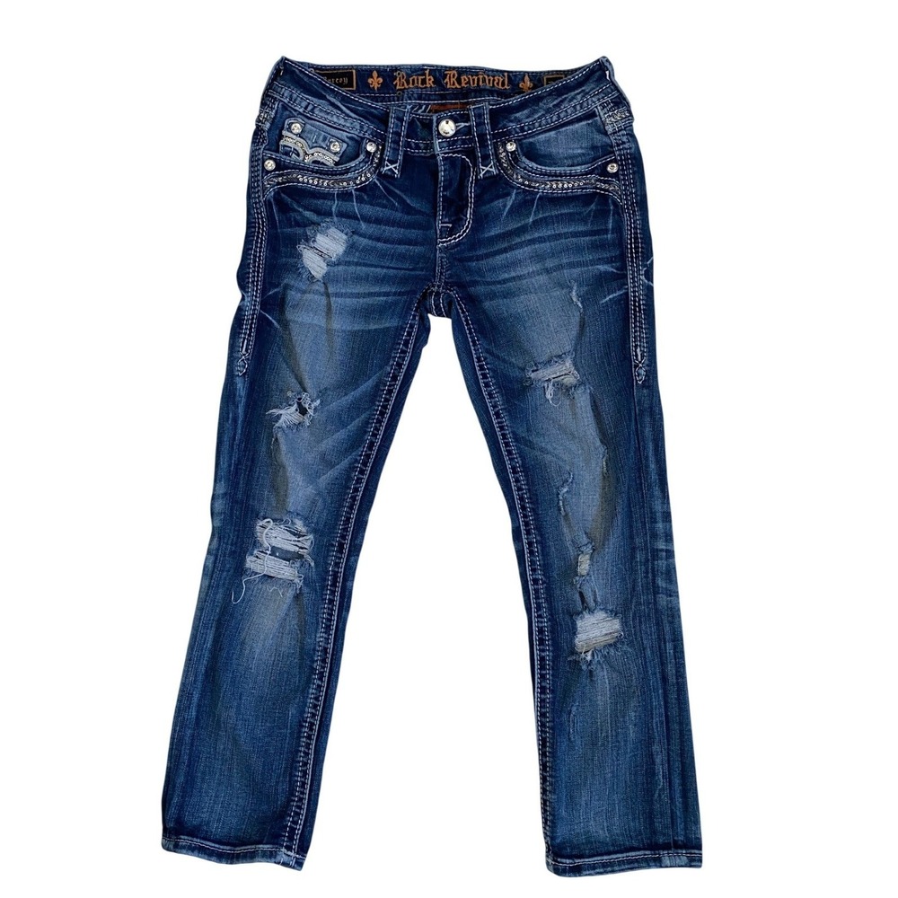 Rock Revival Darcey Crop Jeans Womens 25 Dark Wash Distressed Sequin Rhinestone